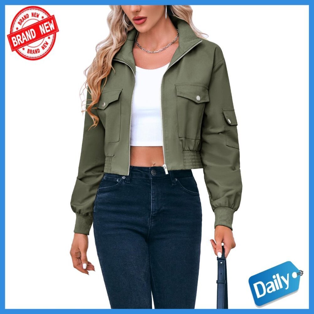 Lightweight Cropped Bomber Jacket with Stand Collar and Pockets